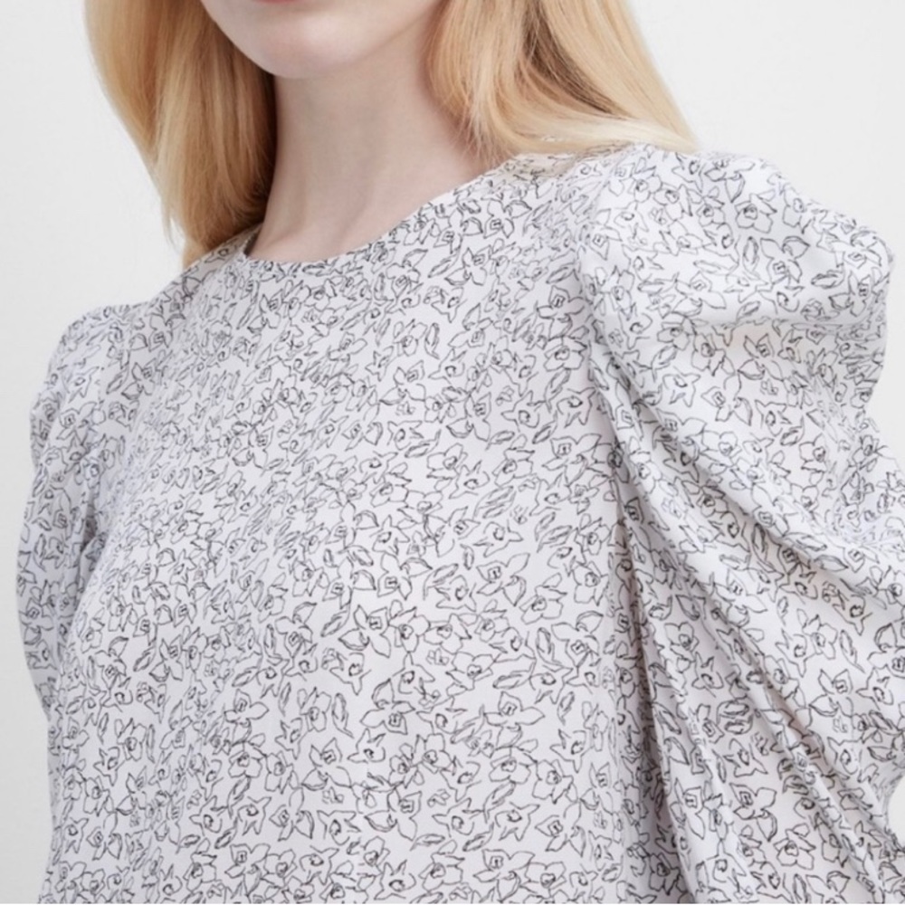 Club Monaco White Floral Puff-Sleeve Top